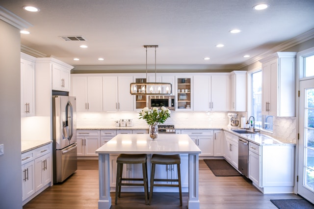 Daytona Beach real estate investors kitchen interior with white counters and stainless steal appliances